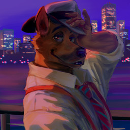 accessory anthro bedroom_eyes black_eyebrows black_lips black_nose cheek_tuft city city_lights cityscape clothing collared_shirt detailed_background dim_lighting eyebrows facial_markings facial_tuft fur glistening glistening_eyes glistening_lips grin hand_on_hat hat head_markings headgear headwear humanoid_hands light lips looking_aside looking_aside_at_viewer male markings muzzle_(marking) narrowed_eyes necktie orange_body orange_fur outside pattern_necktie pink_inner_ear pointy_ears purple_sky railing river seductive shadow shirt side_view sky smile solo striped_necktie suspenders thin_eyebrows topwear trilby tuft unsigned white_clothing white_shirt white_topwear dyna_inugata dog_city fox_kids nelvana ace_hart canid canine canis domestic_dog german_shepherd herding_dog mammal pastoral_dog 1:1 2021 bust_portrait detailed digital_media_(artwork) digital_painting_(artwork) icon lighting painting_(artwork) portrait shaded