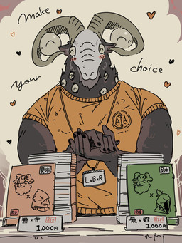 ^_^ anthro blush blush_stickers booth clasped_hands comic_book convention_badge eyes_closed horn lanyard male multi_eye smile solo text unusual_anatomy unusual_eye_placement vendor_stand kozumetako elden_ring elden_ring_nightreign fromsoftware libra_creature_of_night bovid caprine goat mammal 3:4 english_text hi_res japanese_text