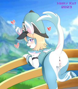 anthro anus bent_over blonde_hair blue_body blush bodily_fluids bottomless butt clothed clothing cloud cum cum_drip cum_from_vagina cum_in_vagina cum_inside dialogue dripping female genital_fluids genitals hair hat headgear headwear heart_symbol looking_at_viewer multicolored_body open_mouth patterned_fur raised_leg raised_tail sky small_wings smile solo speech_bubble tail text vulva white_body wings honky_kat genshin_impact mihoyo aeval_(genshin_impact) mammal melusine_(genshin_impact) english_text hi_res