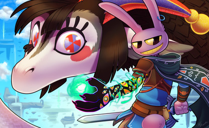 anthro brown_body brown_fur brown_hair cape clothed clothing duo female fur hair holding_object holding_weapon looking_at_viewer male master_sword melee_weapon multicolored_eyes purple_body purple_fur rear_view slime sword teeth weapon yellow_sclera yellow_teeth absolutedream glitch_productions mythology nintendo tears_of_the_kingdom the_amazing_digital_circus the_legend_of_zelda jax_(tadc) pomni_(tadc) dragon lagomorph leporid mammal mythological_creature mythological_scalie rabbit scalie 2026 absurd_res crossover hi_res widescreen