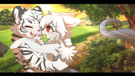 anthro big_eyes biped black_bars black_markings cute_fangs duo eyes_closed fangs fur hug kemono male markings red_eyes slim_anthro slim_male teeth white_body white_fur hlg7777 canid canine felid fox mammal pantherine tiger 16:9 2020 hi_res letterbox widescreen