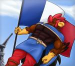 abs anthro beak biceps cape cloth clothed clothing cloud day eiffel_tower feathers flag flag_(object) flagpole france french french_flag holidays male muscular muscular_anthro muscular_male outside pecs sky solo standing tuft corrsk bastille_day real_world gallic_rooster avian bird chicken galliform gallus_(genus) phasianid 2017 digital_media_(artwork)