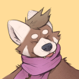 anthro brown_body brown_fur brown_hair eyes_closed fur fur_markings hair male markings pink_scarf scarf simple_background solo tongue tongue_out white_body white_fur yellow_background minedoo minedoo_(character) ailurid mammal red_panda 1:1 2019 low_res