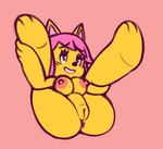 anthro anus areola breasts female flexible genitals grin hair holding_both_legs legs_up nipples nude pink_background pink_hair presenting presenting_anus purple_eyes pussy simple_background smile solo yellow_body chipposter parappa_the_rapper sony_corporation sony_interactive_entertainment paula_fox canid canine fox mammal 2022