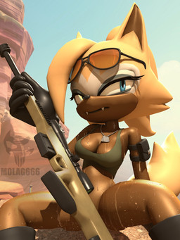anthro blue_eyes bodily_fluids bottomless breasts cleavage clothed clothing dog_tags eyewear fangs female fur glistening glistening_body glistening_breasts glistening_fur glistening_legs glistening_thighs gun hair looking_at_viewer ponytail ranged_weapon rifle sniper_rifle solo spread_legs spreading sunglasses sweat teeth weapon m0lag idw_publishing sega sonic_the_hedgehog_(comics) sonic_the_hedgehog_(idw) sonic_the_hedgehog_(series) whisper_the_wolf canid canine canis mammal wolf 3:4 3d_(artwork) digital_media_(artwork) hi_res
