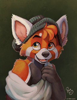 anthro black_body black_fur black_nose front_view fur green_background logo male male_anthro markings open_mouth open_smile orange_body orange_eyes orange_fur simple_background smile solo white_markings young young_anthro young_male pandapaco ailurid mammal red_panda 2023 artist_logo dated hi_res signature