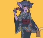 accessory anthro apple asian_clothing beverage breasts candy candy_apple clothed clothing dessert east_asian_clothing female food fruit fur hair hair_accessory holding_object japanese_clothing kemono kimono looking_at_viewer plant purple_body purple_fur purple_hair simple_background small_breasts solo tea yellow_background yellow_eyes idkuroi noire_kooshe domestic_cat felid feline felis mammal 2015