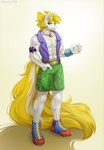 anthro blonde_hair bottomwear clothed clothing footwear green_bottomwear green_clothing green_eyes green_shorts hair male muscular muscular_anthro muscular_male plantigrade shoes shorts simple_background smile solo topwear vest white_background white_body margony hasbro my_little_pony fan_character earth_pony equid equine horse mammal pony 2022 dated digital_media_(artwork) hi_res shaded