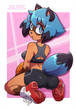 anthro athletic_wear black_body black_bra black_clothing black_fur black_highlights black_sports_bra black_underwear blue_body blue_fur blue_hair bottomwear bra breasts brown_body brown_fur clothed clothed_anthro clothed_female clothing dipstick_tail female footwear fur gym_bottomwear gym_shorts hair highlights_(coloring) kneeling looking_at_viewer looking_back looking_back_at_viewer markings multicolored_body multicolored_fur multicolored_hair shoes shorts solo sports_bra tail tail_markings two_tone_hair underwear the_other_half brand_new_animal studio_trigger michiru_kagemori canid canine mammal raccoon_dog 2026 hi_res