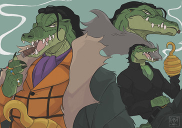anthro ascot black_clothing black_hair black_shirt black_topwear bottomwear cigar cigar_in_mouth clothing coat coat_over_shoulders collared_shirt cowlick dress_shirt ear_piercing ear_ring facial_scar green_body green_clothing green_coat green_cravat green_scales green_topwear grey_bottomwear grey_clothing grey_pants hair hook hook_hand logo male object_in_mouth orange_clothing orange_shirt orange_topwear pants piercing prosthetic purple_ascot ring ring_piercing scales scar sharp_teeth shirt snout snout_scar solo surgical_suture tail teeth topwear kimboltart one_piece crocodile_(one_piece) crocodile crocodilian reptile scalie 2024 artist_logo