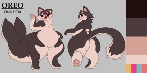anthro big_butt big_tail black_body black_eyes black_fur butt circle_eyebrows claws deep_navel eyebrows eyewear featureless_crotch femboy fin finger_claws fluffy fluffy_tail front_view fur gesture glasses grey_background half-closed_eyes huge_hips huge_thighs looking_at_viewer looking_back looking_back_at_viewer male male_anthro multicolored_body multicolored_fur multicolored_tail multiple_angles narrowed_eyes navel neck_tuft nude_anthro nude_male open_mouth open_smile overweight overweight_anthro overweight_male paws pink_inner_ear rear_view red_eyewear red_glasses round_glasses simple_background smile smiling_at_viewer solo tail tail_fin text thick_tail thick_thighs tuft waving waving_at_viewer white_body white_eyebrows white_fur wide_hipped_anthro wide_hipped_male wide_hips gelboretsu oreo_(gelboretsu) aquatic cetacean dolphin domestic_cat felid feline felis hybrid mammal oceanic_dolphin orca toothed_whale 2026 2:1 absurd_res character_name hi_res model_sheet