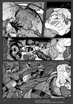 4_toes anthro anus appliance attack belt belt_collar big_penis bone bottomwear claw_marks clawing clothed clothing drawer duo feet fighting_back fishnet_clothing fishnet_topwear foot_wraps fridge gaping gaping_anus genitals hair huge_penis inner_ear_fluff kitchen kitchen_appliance kitchen_counter male male/male messy_hair muscular muscular_male partially_clothed partially_clothed_anthro partially_clothed_male pawpads penis shorts skull skull_head spots stove suspenders tall_male toes topwear torn_bottomwear torn_clothing torn_shorts tuft wraps nsfuwu4 hyena mammal monster 2025 absurd_res black_and_white comic hi_res monochrome