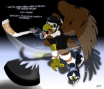 4_toes anisodactyl anthro avian_feet beak clothing feathered_wings feathers feet footwear hockey hockey_puck hockey_stick ice legwear male shirt socks solo sport talons text toes topwear torn_clothing transformation wings catmonkshiro nhl philadelphia_flyers pheagle accipitrid accipitriform avian bald_eagle bird eagle sea_eagle 2012 english_text