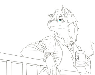 anthro blue_eyes cheek_tuft clock clothed clothing container cup facial_tuft glistening glistening_eyes hair holding_container holding_cup holding_mug holding_object inner_ear_fluff leaning leaning_backward low-angle_view male messy_hair mug short_hair simple_background solo topwear tuft unsigned vest watch wristwatch papayafurry canid canine canis mammal wolf half-length_portrait hi_res portrait spot_color