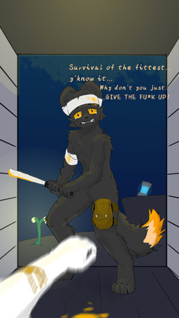4_toes anthro bandage black_body black_fur blood blood_drip blood_on_bandage blood_on_hand blood_on_object blood_on_weapon blue_background blurred_vision bodily_fluids capsule colored_blood dark dipstick_tail dripping duo feet first_person_view fluffy fluffy_tail fur glowing glowing_object glowing_plants gore leg_bag machete male markings melee_weapon orange_blood orange_sclera orange_tail_tip sad scared simple_background standing tail tail_markings tears text toes unusual_blood unusual_bodily_fluids weapon white_body white_fur wounded neitherfound casualties:_unknown albino_(gunsawian) expie_(gunsawian) gunsawian english_text hi_res