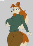 2022 anthro big_breasts blue_eyes breasts brown_body brown_fur canid canine canis clothed clothing colleen_(road_rovers) collie cooliehigh digital_media_(artwork) domestic_dog female fur hand_on_breast hand_on_own_breast herding_dog hi_res holding_breast mammal pastoral_dog road_rovers rough_collie sheepdog simple_background skinny smile solo