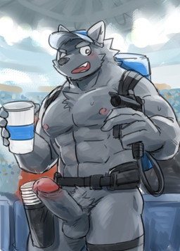 5_fingers abs anthro backpack balls baseball_cap beverage biped black_nose blue_clothing blue_headwear blush bodily_fluids casual_erection casual_exposure cheek_tuft clothed clothing container cup erection exhibitionism facial_tuft fangs fingers foreskin front_view fur genitals glans grey_balls grey_body grey_fur grey_penis group hat hat_only headgear headgear_only headwear headwear_only holding_beverage holding_container holding_cup holding_object humanoid_genitalia humanoid_penis large_group looking_at_viewer male mostly_nude muscular muscular_anthro muscular_male nipples nozzle pecs penis pink_glans pink_nipples pubes public public_erection public_exposure retracted_foreskin smile snout solo_focus stadium standing sweat teeth tuft urethra royalsobatya canid canine canis mammal wolf 2019 absurd_res digital_media_(artwork) hi_res portrait three-quarter_portrait