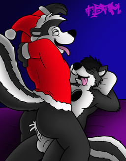 anal anal_penetration anthro balls bodily_fluids butt cowgirl_position cum duo erection from_front_position fucked_silly genital_fluids genitals hole_(anatomy) holidays male male/male male_on_bottom male_on_top male_penetrated male_penetrating male_penetrating_male markings on_bottom on_top penetration penis sex straddling striped_markings striped_tail stripes tail tail_markings tongue tongue_out tbfm bleach_(series) christmas looney_tunes warner_brothers deke pepe_le_pew santa_claus hollow_(bleach) mammal mephitid skunk striped_skunk hi_res
