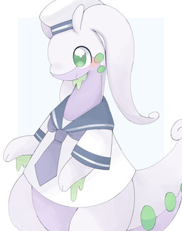 ambiguous_gender blush blush_lines clothing feral green_eyes hat headgear headwear markings purple_body sailor_cap sailor_uniform simple_background slime smile solo standing tail tail_markings thick_tail uniform iyraiman nintendo pokemon generation_6_pokemon goodra pokemon_(species) colored hi_res