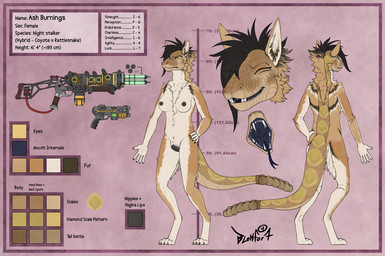 angry animal_genitalia animal_vulva black_hair blue_mouth breasts brown_body brown_fur canine_genitalia canine_vulva female forked_tongue fur genitals gun hair handgun mane nipples nude pistol ranged_weapon rifle scales smile standing teeth text tongue vulva weapon yellow_eyes blokfort fallout microsoft canid canine canis coyote hybrid mammal night_stalker_(fallout) pit_viper rattlesnake reptile scalie snake viper 2026 english_text model_sheet