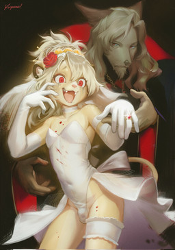 adolescent anthro balls_outline blood blood_splatter bodily_fluids bulge clothed clothing corsage cowl crossdressing crossdressing_male detailed_bulge digit_ring dress fangs femboy fur garter_straps genital_outline gloves handwear jewelry kemono makeup male male/male novelty_clothing penis_outline pink_nose red_eyes ring running_makeup size_difference skimpy solo teeth wedding_dress wedding_ring yellow_body yellow_fur young young_anthro young_male koiyaroid canid canine felid lion mammal pantherine vampire hi_res