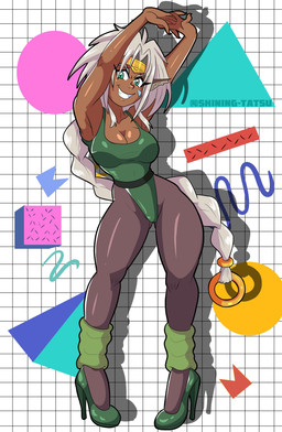 accessory clothing crown facial_markings female footwear green_clothing green_footwear green_high_heels green_leg_warmers green_legwear green_leotard grey_hair hair hair_accessory hair_ring head_markings headgear high_heels leg_warmers legwear leotard long_braid long_hair markings shoes solo tiara shining-tatsu outlaw_star aisha_clanclan animal_humanoid felid felid_humanoid feline feline_humanoid humanoid mammal mammal_humanoid absurd_res hi_res