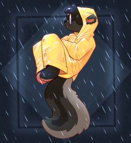 anthro black_nose clothed clothing coat eyewear feet fur glasses grey_body grey_fur grey_hair hair hair_over_eyes hindpaw male pawpads paws pink_inner_ear pink_pawpads raincoat raining round_glasses short_hair side_view solo tail topwear wearing_glasses yellow_raincoat crownedvictory wix_(skunkwix) mammal mephitid skunk striped_skunk 2024 absurd_res digital_drawing_(artwork) digital_media_(artwork) full-length_portrait hi_res portrait shaded