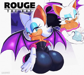 anthro bedroom_eyes big_breasts big_butt breasts butt cleavage clothed clothing female huge_butt looking_at_viewer looking_back looking_back_at_viewer narrowed_eyes seductive solo text tight_clothing saguinee sega sonic_the_hedgehog_(series) rouge_the_bat bat mammal absurd_res english_text hi_res