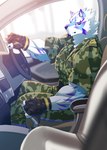 anthro blue_eyes car car_interior clothing facial_markings fingerless_gloves fur gloves handwear head_markings inside_car inside_vehicle looking_at_viewer male markings military_uniform muscular muscular_anthro muscular_male smile solo stick_shift uniform vehicle white_body white_fur grausummon sadayoshi canid canine canis domestic_dog mammal