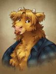 anthro blue_clothing blue_shirt blue_topwear brown_eyes chest_tuft clothed clothing cookie cookie_in_mouth flannel flannel_shirt food fur horn male open_clothing open_shirt open_topwear pink_nose shirt simple_background snout solo tan_body tan_fur topwear tuft noviraine jonathan_(tasanko) bovid bovine cattle highland_cattle mammal 2019 bust_portrait digital_drawing_(artwork) digital_media_(artwork) portrait