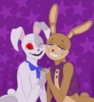 anthro bodysuit bow_tie brown_body brown_fur clothing costume curtains duo female fingers fur interlocked_fingers male male/female purple_eyes red_eyes skinsuit stitch_(sewing) tight_clothing white_body white_fur stitchwool five_nights_at_freddy's five_nights_at_freddy's:_help_wanted scottgames glitchtrap vanny_(fnaf) lagomorph leporid mammal rabbit 2024 absurd_res digital_media_(artwork) hi_res