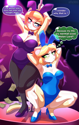 5_fingers anthro big_breasts blonde_hair blue_eyes bow_tie breast_envy breast_size_difference breasts bunny_costume clothed clothed_anthro clothed_female clothing costume dancing dialogue duo eyelashes eyewear fake_ears fake_rabbit_ears female female_anthro fingers footwear glasses green_eyes hair high_heels jealous money orange_hair pole pole_dancing round_glasses shoes smile speech_bubble tail text thought_bubble wearing_glasses alfa995 molly_(alfa995) queen_(alfa995) domestic_cat felid feline felis mammal 2025 english_text hi_res sibling_(lore) sister_(lore) sisters_(lore)
