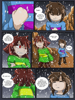 blue_clothing blue_sweater blue_topwear bodily_fluids brown_hair clothing dialogue duo green_clothing green_sweater green_topwear hair human_only not_furry pattern_clothing pattern_sweater pattern_topwear red_eyes smile snow striped_clothing striped_sweater striped_topwear stripes sweat sweater text topwear turtleneck taggen96_(artist) undertale undertale_(series) chara_(undertale) frisk_(undertale) human mammal 3:4 comic english_text hi_res