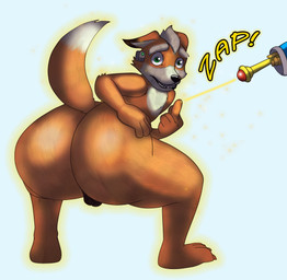 anthro balls big_butt bubble_butt butt dipstick_tail eyebrows genitals gesture green_eyes hand_gesture magic magic_wand male markings middle_finger nude shocked tail tail_markings wide_hips binkykun mario_bros nintendo star_fox fox_mccloud kamek canid canine fox koopa mammal reptile scalie absurd_res hi_res