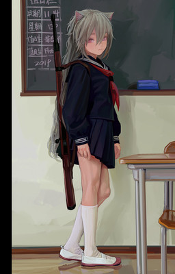 asian_clothing chair chalkboard classroom clothed clothing desk east_asian_clothing female footwear fully_clothed furniture grey_eyes grey_hair gun hair information_board inside japanese_clothing japanese_school_uniform knee_highs knee_socks legwear long_hair looking_at_viewer ranged_weapon reflective_floor rifle school school_uniform serafuku shoes socks solo standing table text uniform weapon weapon_on_back young fkey feiqizi_(fkey) animal_humanoid felid felid_humanoid humanoid mammal mammal_humanoid 2019 japanese_text
