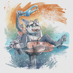 4_toes anthro anus balls blue_eyes blush butt clothing eyewear fangs feet flaccid foreskin genitals goggles grey_body grey_scales happy horn humanoid_genitalia humanoid_penis inflatable inflatable_armbands male micropenis multicolored_body multicolored_scales navel nude open_mouth paws penis pool_float scales small_penis smile solo speedo spread_legs spreading swimming_goggles swimwear teeth toes two_tone_body two_tone_scales water young young_anthro young_male dakkawoof mythology dragon mythological_creature mythological_scalie scalie 1:1 2018