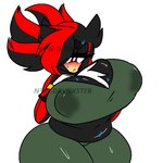 anthro athletic_wear big_breasts black_body black_fur breasts chest_tuft clothing crossgender female fur gloves green_outfit hair handwear highlights_(coloring) huge_breasts red_highlights slightly_chubby solo thick_thighs tied_hair tuft wide_hips workout_outfit dummythicc_uwu sega sonic_the_hedgehog_(series) fan_character shadi 1:1