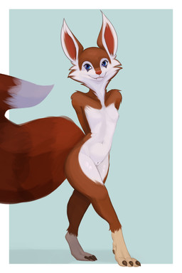 anthro big_tail eyeshadow fangs female front_view genitals hand_behind_back makeup nude solo standing tail teeth thick_thighs tuft vulva hoodwinkhuffer dota valve hoodwink_(dota) 2:3 absurd_res hi_res