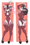 absurd_res andromorph anthro armwear clothing dakimakura farvvie fur gesture grey_body grey_fur hand_gesture hi_res hooves horn intersex legwear lying on_back on_front one_eye_closed simple_background smile solo stockings surprised_expression text thick_thighs v_sign white_background white_body white_fur wink