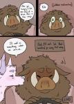 anthro blush brown_body brown_fur clothing dialogue fur green_eyes kissing male pink_body pink_fur shirt simple_background speech_bubble text topwear tusks okadu canid canine fox mammal suid suina sus_(pig) wild_boar 2016 comic english_text hi_res