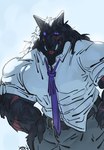 clothed clothing fangs male muscular necktie purple_eyes scar scars_all_over shirt solo teeth tight_clothing tight_shirt tight_topwear topwear xone3log elden_ring fromsoftware blaidd_(elden_ring) canid canine canis mammal wolf absurd_res hi_res