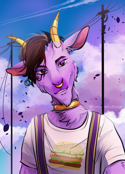 anthro brown_eyes brown_hair chest_tuft choker clothed clothing cloud collar detailed_background ear_piercing ear_ring eye_tattoo facial_hair facial_piercing facial_tattoo fur goatee hair horn jewelry looking_at_viewer makeup male neck_tuft necklace nose_piercing nose_ring outside pendulum piercing power_lines purple_body purple_fur ring_piercing septum_piercing shirt skinny sky skyscape smile solo t-shirt tattoo topwear tuft wind vants kidden_eksis bovid caprine goat mammal 2020 absurd_res colored digital_drawing_(artwork) digital_media_(artwork) hi_res shaded watermark