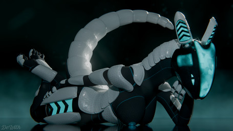 anthro armor black_body blue_insides blue_nipples breasts claws crossed_legs female finger_claws fingers horn inviting lying nipples on_front plate plate_armor solo tail white_body dewith wi_(dewith) synth_(vader-san) 16:9 2025 4k absurd_res hi_res widescreen