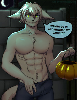 abs anthro athletic athletic_anthro athletic_male biped bottomwear bulge clothed clothing detailed_bulge dialogue erection erection_under_clothing genital_outline halloween_bucket holidays male male_anthro moon night outside pants pecs penis_outline smile smirk solo speech_bubble stone_wall topless wall_(structure) yellow_eyes winterblack halloween twokinds keith_keiser basitin mammal 2022