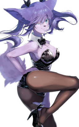 accessory anthro big_ears black_clothing black_footwear black_high_heels blue_eyes bow_(feature) bow_tie breasts bunny_costume butt clothing costume eyebrow_through_hair eyebrows feet female fluffy fluffy_tail footwear fur glistening glistening_clothing hair hair_accessory hair_tie hand_on_hip heelpop high_heels humanoid_feet kemono legwear long_hair looking_at_viewer loose_footwear on_one_leg one_eye_closed pantyhose plantigrade purple_body purple_fur purple_hair shoe_dangle shoes solo standing tail tight_clothing translucent translucent_hair wink winking_at_viewer ni_hao_nyannyan canid canine mammal 2024 digital_media_(artwork) hi_res