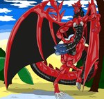 anthro balls big_balls big_wings black_body black_skin candy dessert food genitals glistening glistening_body lollipop long_tail male metalic multi_genitalia multi_penis muscular penis red_body red_skin solo tail wings amarashi mythology yu-gi-oh! slifer_the_sky_dragon dragon duel_monster egyptian_god mythological_creature mythological_scalie scalie hi_res