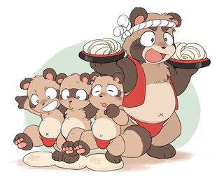 anthro asian_clothing belly biped black_nose blush bodily_fluids clothing east_asian_clothing fundoshi group japanese_clothing kemono male navel open_mouth red_clothing red_fundoshi red_underwear slightly_chubby standing sweat underwear young mohezi62 canid canine mammal raccoon_dog tanuki 2026 5:4 hi_res
