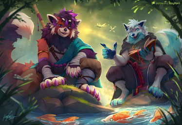 anthro biped bottomwear claws clothed clothed_male clothing countershade_torso countershading duo feet female female_on_anthro fingers front_view fully_clothed fully_clothed_male fur hair male outside plant sitting smile tail teeth toes tongue topwear tree water kayfoxii ailurid canid canine canis domestic_dog mammal red_panda 2026 digital_drawing_(artwork) digital_media_(artwork) hi_res