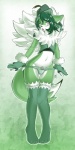 anthro biped black_nose blush chest_tuft clothing femboy fur gloves green_hair grey_eyes hair handwear hat headgear headwear humanoid_face kemono legwear male navel panties solo standing stockings tail tuft underwear dragontheshadows melyss domestic_cat felid feline felis mammal green_theme