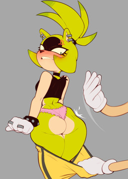 angry anthro blush bottomwear bottomwear_down bottomwear_pull butt butt_slap clothed clothing clothing_pull cross-popping_vein duo ear_piercing female fur green_body hair looking_back mostly_offscreen_character panties pants pants_down pants_pull partially_clothed piercing simple_background slap spanking standing tail teeth topwear underwear lurkin idw_publishing sega sonic_the_hedgehog_(comics) sonic_the_hedgehog_(idw) sonic_the_hedgehog_(series) surge_the_tenrec afrosoricid mammal tenrec digital_media_(artwork) hi_res